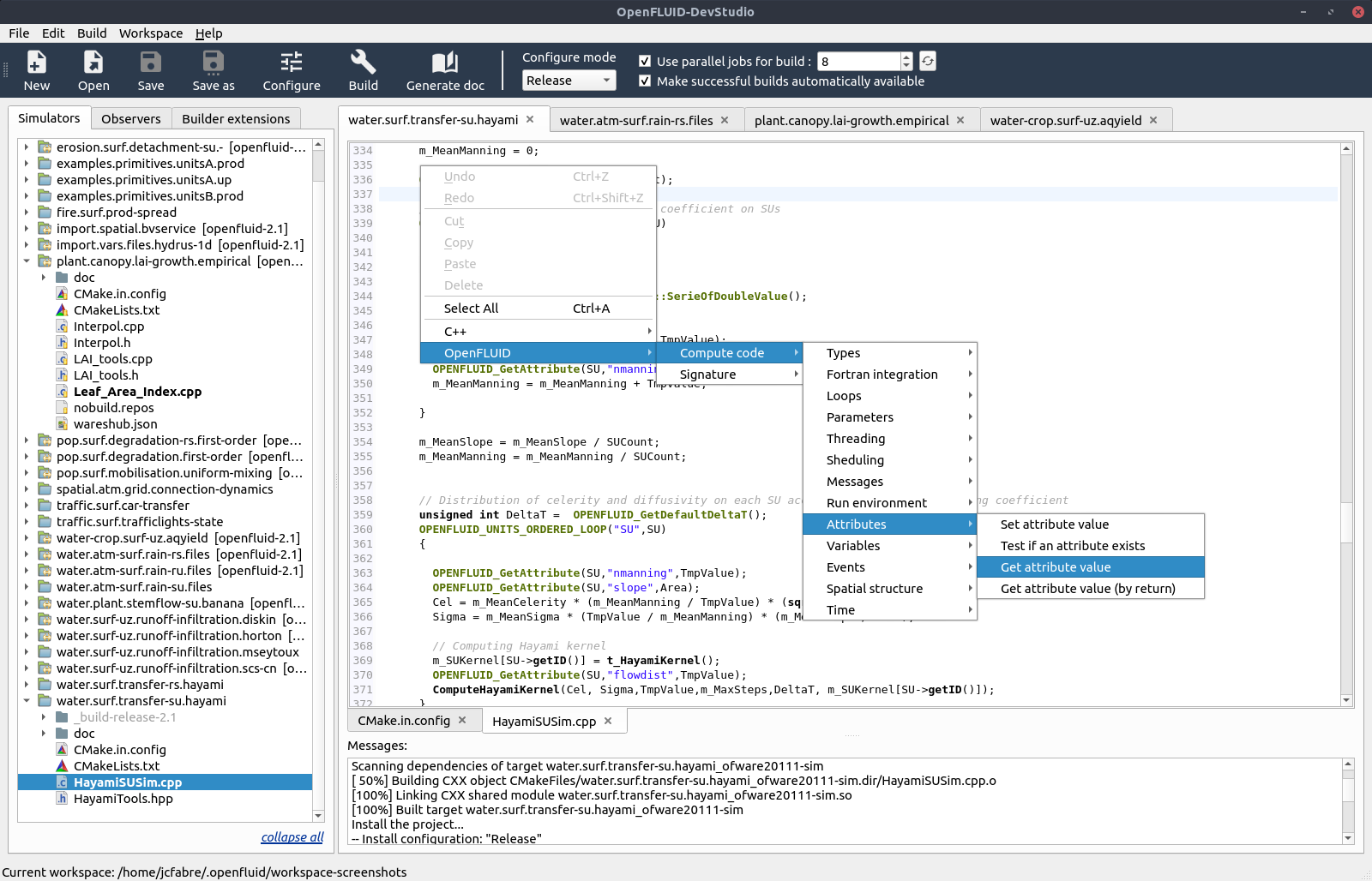 Screenshot of wares sources development in OpenFLUID-DevStudio