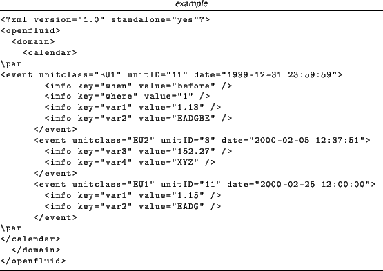 \begin{lstlisting}[language=xml,title=\footnotesize\textit{example}]
<?xml versi...
...=''EADG'' />
</event>
\par
</calendar>
</domain>
</openfluid>
\end{lstlisting}