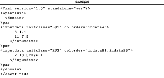 \begin{lstlisting}[language=xml,title=\footnotesize\textit{example}]
<?xml versi...
...taB3''>
2 18 STRVALX
</inputdata>
\par
</domain>
</openfluid>
\end{lstlisting}