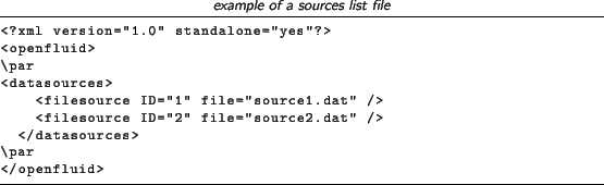 \begin{lstlisting}[language=xml,title=\footnotesize\textit{example of a sources ...
...'2'' file=''source2.dat'' />
</datasources>
\par
</openfluid>
\end{lstlisting}