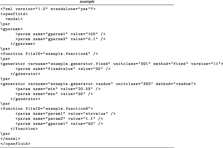 \begin{lstlisting}[language=xml,title=\footnotesize\textit{example}]
<?xml versi...
...aram1'' value=''50'' />
</function>
\par
</model>
</openfluid>
\end{lstlisting}