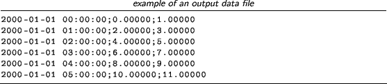 \begin{lstlisting}[language=,title=\footnotesize\textit{example of an output dat...
... 04:00:00;8.00000;9.00000
2000-01-01 05:00:00;10.00000;11.00000
\end{lstlisting}