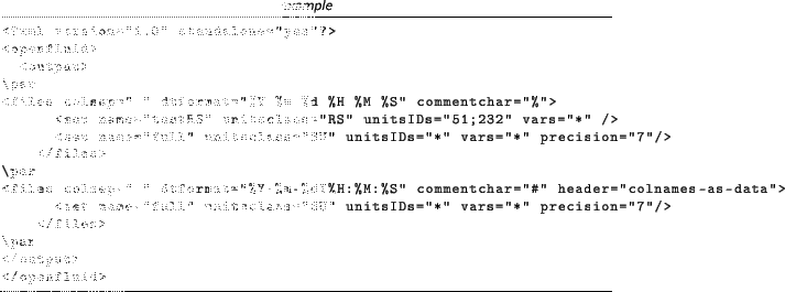 \begin{lstlisting}[language=xml,title=\footnotesize\textit{example}]
<?xml versi...
...=''*'' precision=''7''/>
</files>
\par
</output>
</openfluid>
\end{lstlisting}