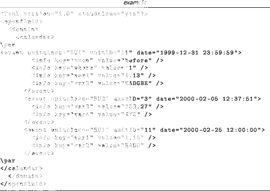 \begin{lstlisting}[language=xml,title=\footnotesize\textit{example}]
<?xml versi...
...=''EADG'' />
</event>
\par
</calendar>
</domain>
</openfluid>
\end{lstlisting}