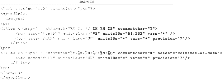 \begin{lstlisting}[language=xml,title=\footnotesize\textit{example}]
<?xml versi...
...=''*'' precision=''7''/>
</files>
\par
</output>
</openfluid>
\end{lstlisting}