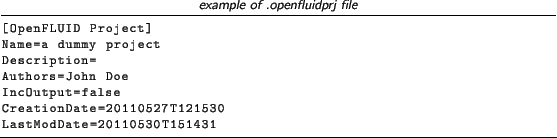 \begin{lstlisting}[language=,title=\footnotesize\textit{example of .openfluidprj...
...=false
CreationDate=20110527T121530
LastModDate=20110530T151431
\end{lstlisting}