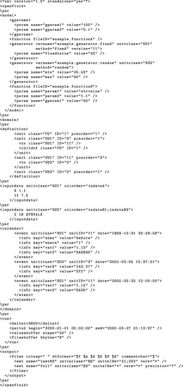 \begin{lstlisting}[language=xml,frame=]
<?xml version=''1.0'' standalone=''yes''...
...''*'' precision=''7'' />
</files>
</output>
\par
</openfluid>
\end{lstlisting}