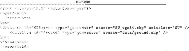 \begin{lstlisting}[language=xml,title=\footnotesize\textit{example}]
<?xml versi...
...'' source=''data/ground.shp'' />
\par
</datastore>
</openfluid>
\end{lstlisting}